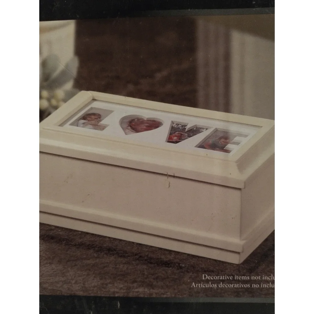 Always & Forever White Wooden Jewelry Box Photo Frame Lid Love Hope Stencil VTG